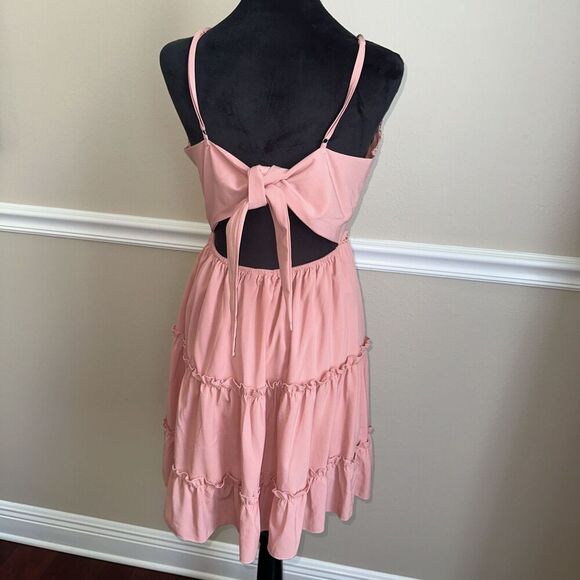 Woman’s Sexy V Neck Tie Back Lace Ruffle Sun Dress Pink Fairy Summer Size M - Picture 2 of 7